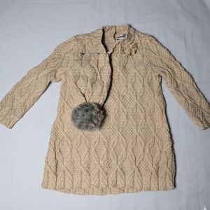 NEW Max Studio Cable Knit Dress & Pompom Hat Set 12M Baby 100% Cotton Tan Boho